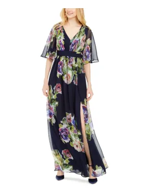 ADRIANNA PAPELL Womens Floral Short Sleeve V Neck Maxi Shift Dress