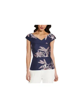 ADRIANNA PAPELL Womens Navy Zippered Darted Floral Flutter Sleeve V Neck Party Peplum Top