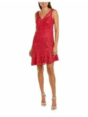 ADRIANNA PAPELL Womens Pink Lace Zippered Lined Asymmetrical Hem Sleeveless V Neck Short Party Fit   Flare Dress