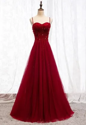 Gemgrace Burgundy Prom Dresses, Long Tulle Formal Dress With Straps