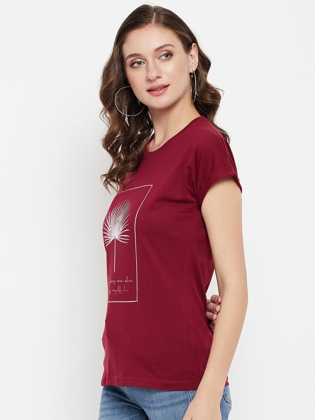 Women's Casual Extended Sleeve Maroon Round neck Graphic print T-Shirt