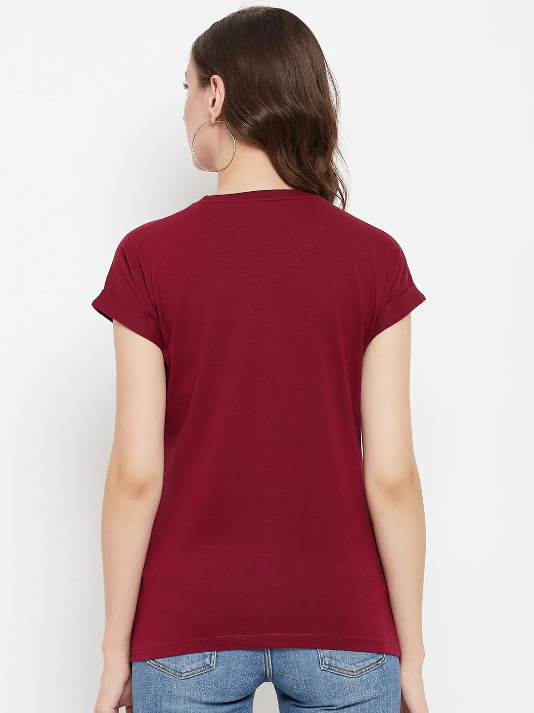 Women's Casual Extended Sleeve Maroon Round neck Graphic print T-Shirt