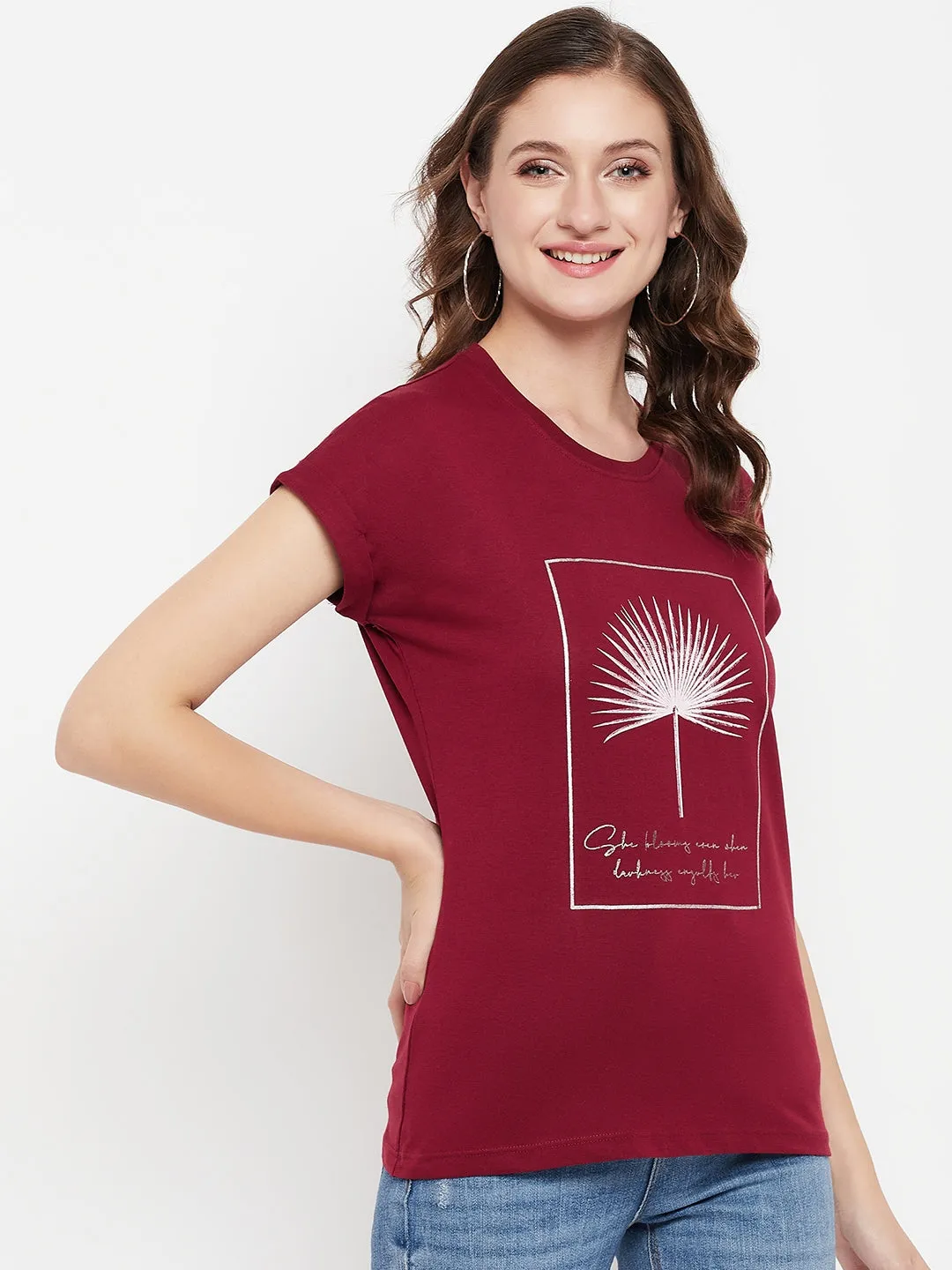 Women's Casual Extended Sleeve Maroon Round neck Graphic print T-Shirt